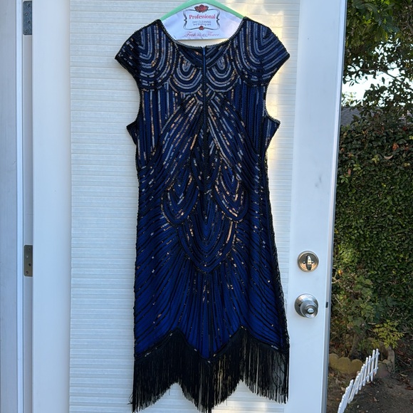 EUC Great Gatsby Style Dress. Royal Blue with Black beads and fringe. Size XXL - Picture 2 of 6